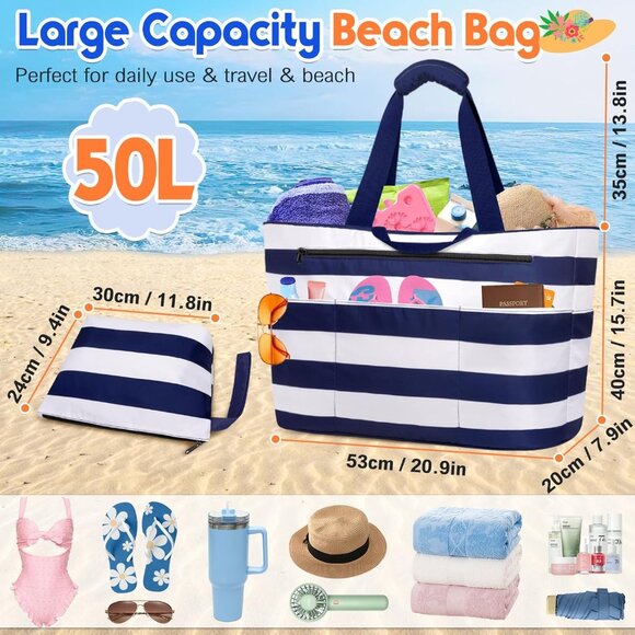 Women's Blue White Waterproof Sandproof Xl Tote Zipper Foldable Beach Bags - Picture 4 of 8